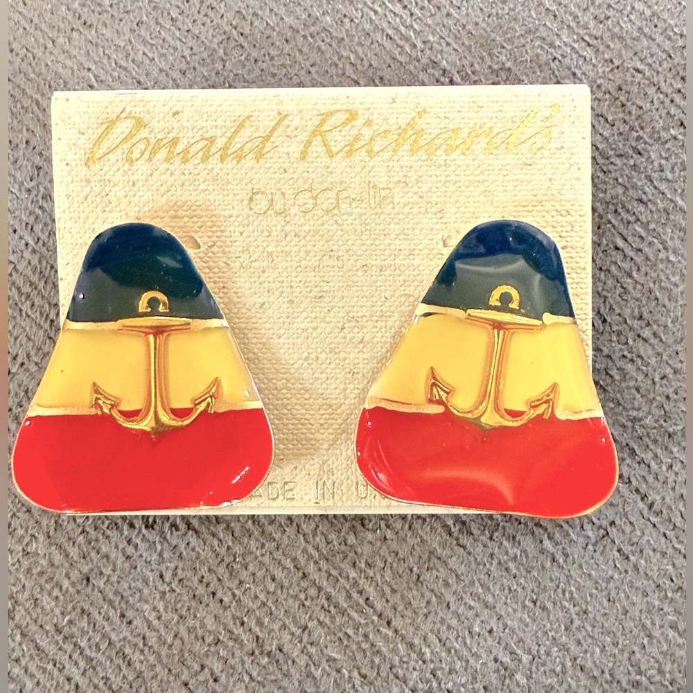 Vintage Nautical Earrings  Blue Yellow Red Pierced Ears Gold‎ Tone 80s Vibe